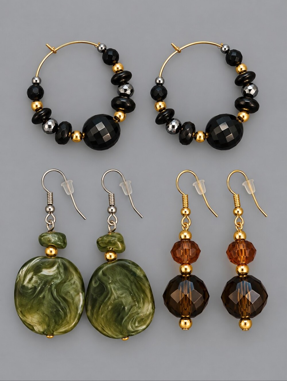 HANDMADE Set Of Three Acrylic Beaded Hoop and Dangle Hook Earrings